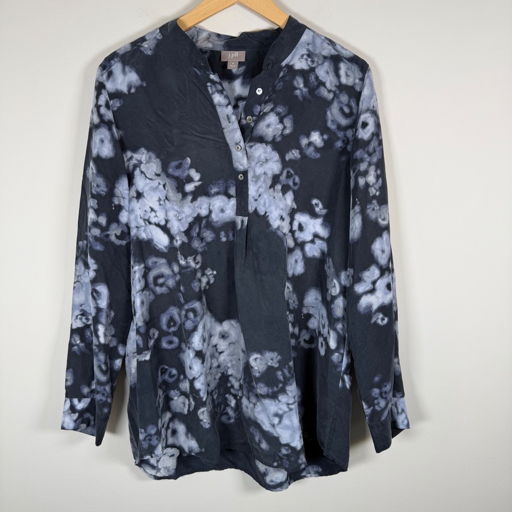 J. Jill 100% Silk Floral Tie Dye Print Popover Blouse Shirt Top Navy Medium‎